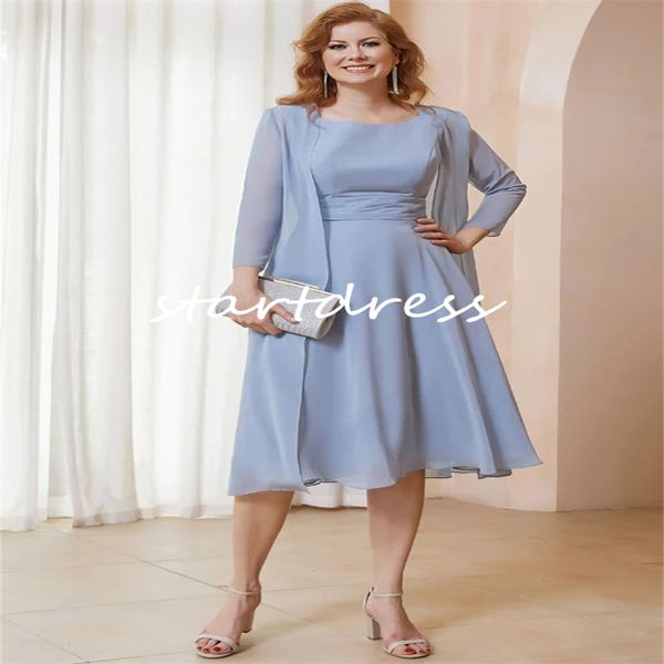 Chic Dusty Blue Madre della sposa Abiti Eleganti due pezzi abito da ospite in chiffon con giacca Elegante mamma Short Formale Abito da sera Goom Natura da festa Madre