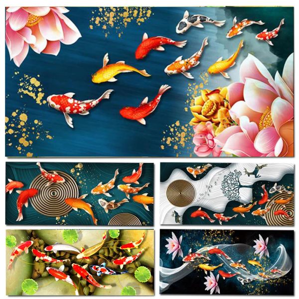 Ponto 5d pintura diamante chinês koi peixe carpa lotu lagoa diamante bordado diy completo strass arte ponto cruz artesanato y1034