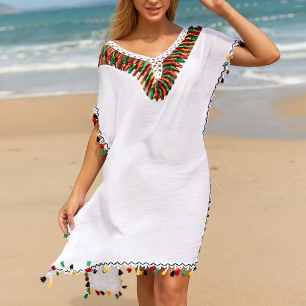 Casual Kleider Quasten Boho Strand Dess Frauen Badeanzug Cover Ups Bademode Sommer Häkeln Dünne Durchsichtige Lose Kleid Lange Tunika kittel Tops