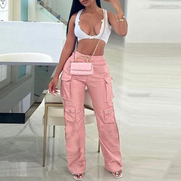 Calças femininas pu falso couro carga longa cintura alta mulheres bolso casual rosa hip hop calças de perna reta outono outfits streetwear