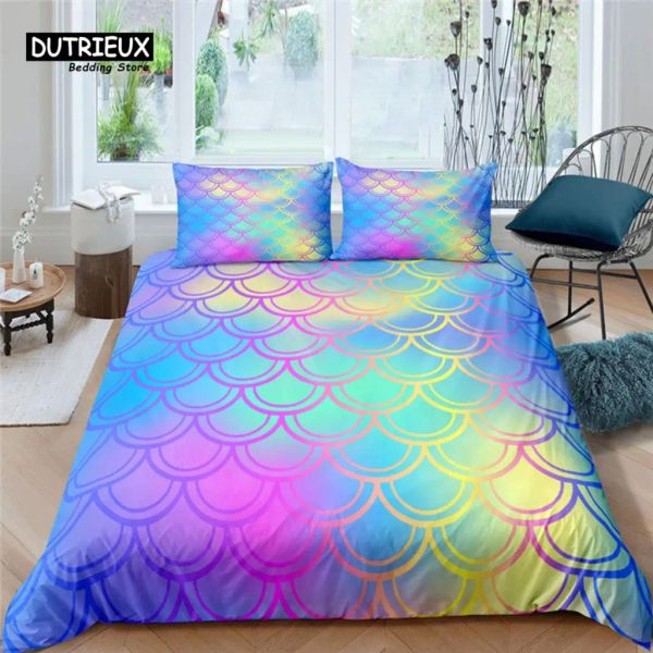 Definir escalas de sereia colorida de luxo impressão em casa viva confortável capa de edredão na cama do conjunto de roupas de cama queen e rei eu/EUA/au/tamanhos uk cortinas puras