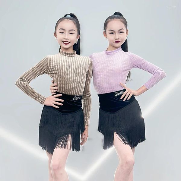 Sahne Giyim Kızlar İçin Latin Dans Kıyafetleri Sonbahar Kış Kadife Uzun Kollu Üstler Saçak Etek Chacha Rumba Dans Performansı VDB7742