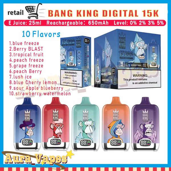 Original Bang King Digital 15000-Mesh-Spulen-Spulen-E-Liquid 25ml wiederaufladbarer Typ-C-Leistungsanzeige Ölanzeige Crazvapes Bang