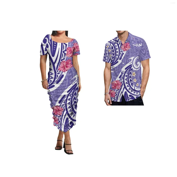 Partykleider Großhandel Polynesian Tribal Square Kragen Muster Frauen Samoan Puletasi Set Ptaha Zwei 2 Stück Outfits Sets Männer Hemd
