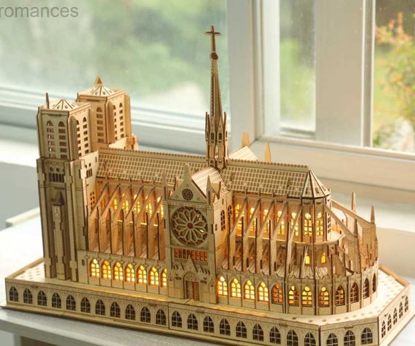 Quebra-cabeças 3D O mundialmente famoso edifício Catedral de Notre Dame de madeira tridimensional quebra-cabeça DIY montagem brinquedo geografia ensino auxiliar 240314