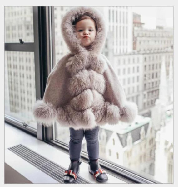 Ins crianças poncho de pele de raposa inverno crianças peles artificiais com capuz capas menina lã quente xale princesa capa bebê meninas outwear a49954146578