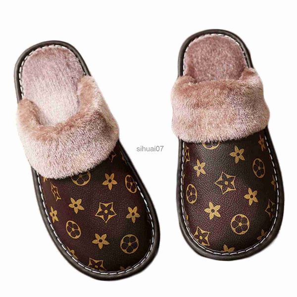 Home Shoes Luxury Unisex PU-Leder-Hausschuhe, bedruckt, Plüsch-Baumwoll-Hausschuhe, Damen-Hausschuhe, flache, gemütliche Hausschuhe, Winter-warme Flip-Flops H1115 240314