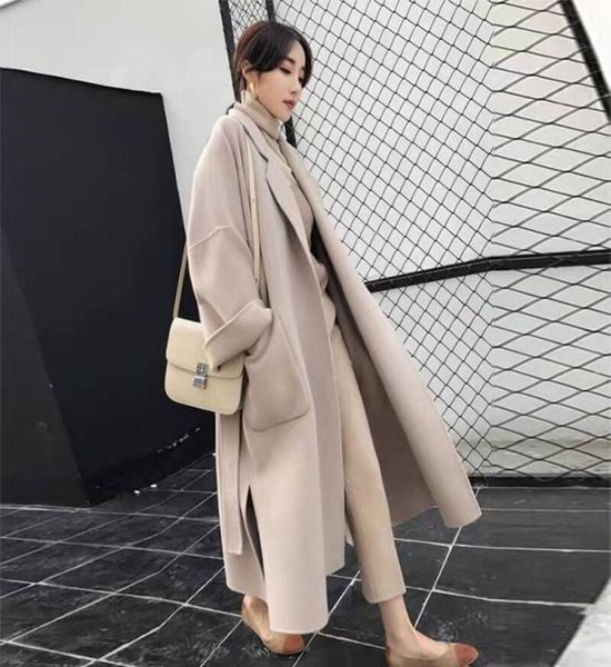 Falso lã mistura capa longo outerwear das mulheres preto coreano lã vintage casaco feminino inverno senhoras casacos manteau femme1465078