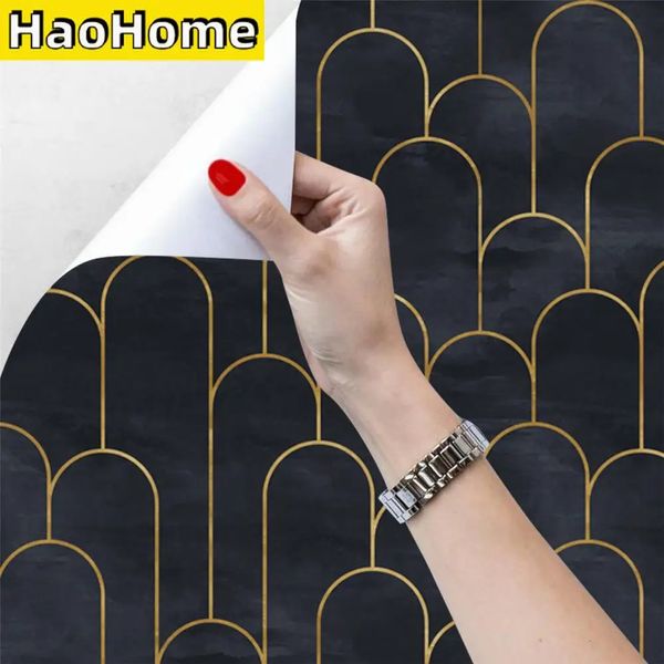 Haohome siyah altın ark kendi kendine yapışkan duvar kağıdı kabuğu ve çubuk temas kağıt yatak odası duvar yenileme mobilya çıkartmaları 240312