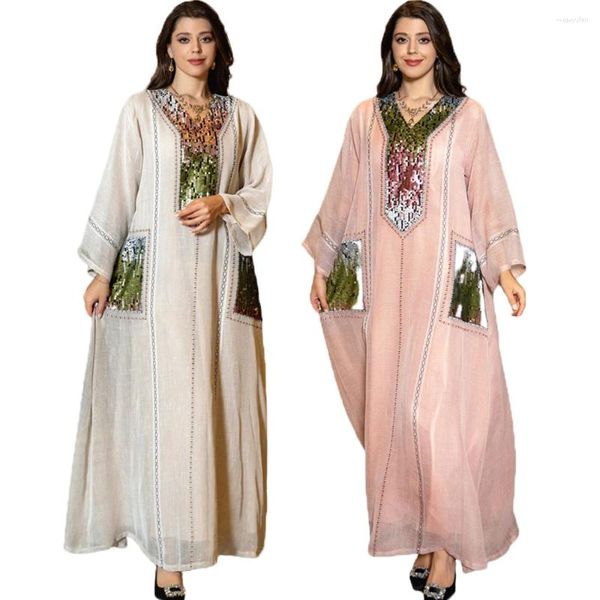 Roupas étnicas Abaya Muçulmano Lantejoulas Vestido Longo para Mulheres Manga Maxi Robe Luxo Festa Noite Solta V-Pescoço Casual Malásia Vestido Turco