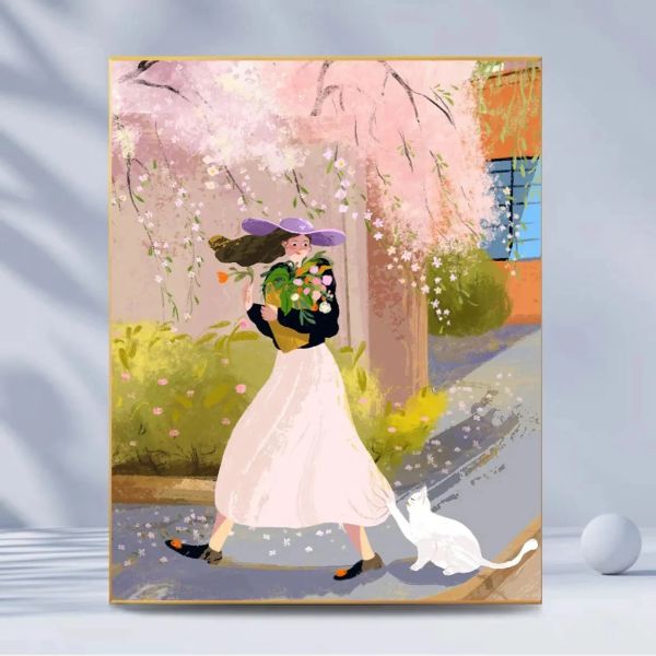 Zahl Handgefüllte Farbe Frühlingstag Mädchen Katze Ölfarbe Malerei Tulpe Kirsche Heilung einfaches hängendes digitales Ölgemälde