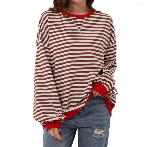 Blusas femininas mulheres t-shirt chique oversized listrado cor bloco tripulação pescoço casual streetwear pulôver tops com longo para um