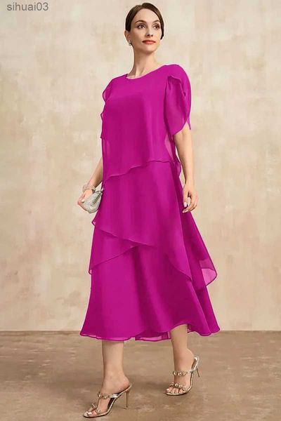 Abiti casual di base Elgeant Abiti in chiffon per la madre della sposa Maniche irregolari a petalo a strati Abito maxi fluido Abito da festa per gli ospiti di nozze Taglie fortiL2403