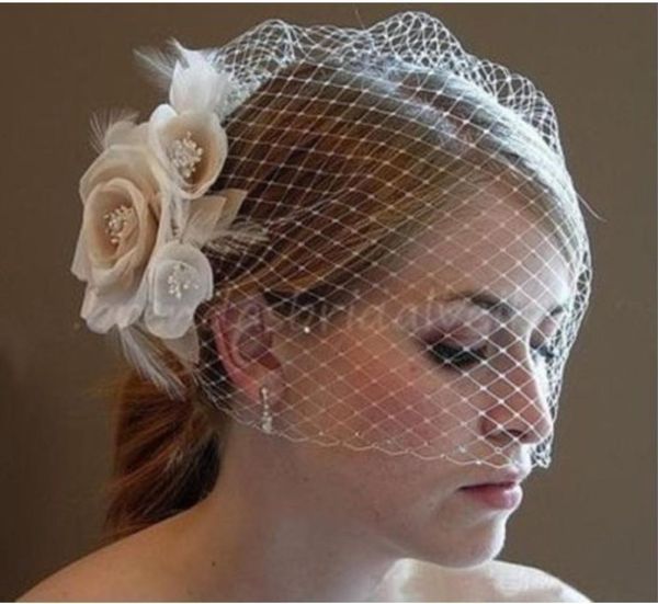 Véus de gaiola de casamento 51cm 80cm champanhe marfim flores brancas penas véu de noiva chapéu de noiva peças de cabelo acessórios de noiva3974392