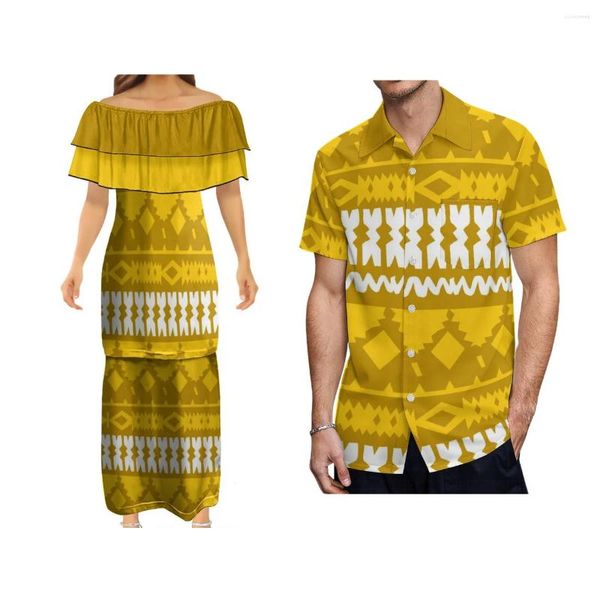 Vestidos de festa polinésia dupla camada plissado duas peças vestido feminino puletasi camisa masculina estilo fiji samoa roupas de casal personalizáveis