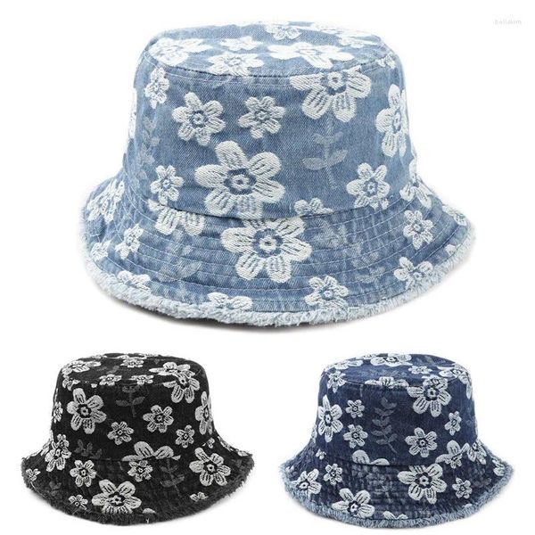 Berets 2024 flor bordado denim balde chapéu coreano lavado velho moda borda de pele sol ao ar livre proteção casual