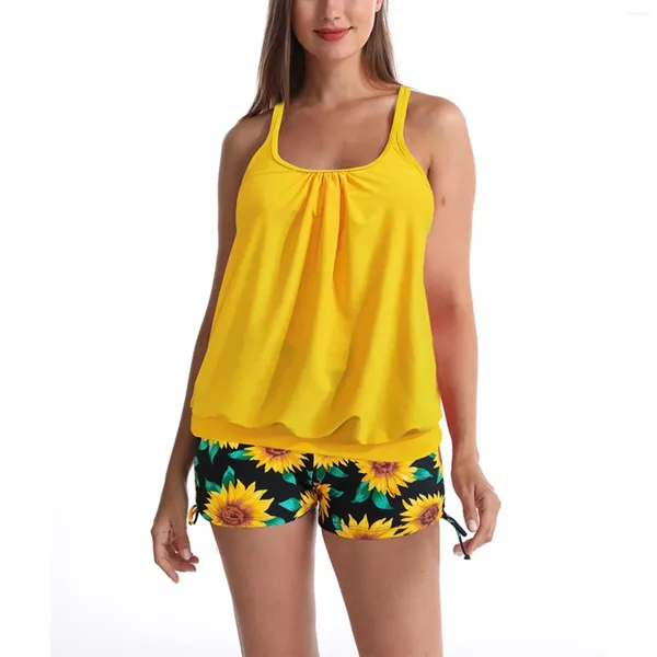 Costume da bagno da donna Costume da bagno conservatore stampato in due pezzi diviso ad angolo piatto con copertura ventre sottile Tankini a fascia Pantaloncini da bagno bikini