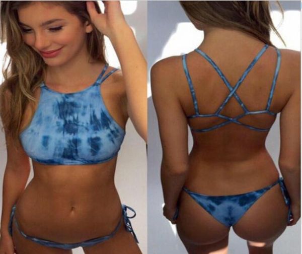 Fashion2019 Beach Riot Sexy Tie Dye Blu Stampa Donna Bikini Collo alto Halter Crop Top Costume da bagno brasiliano Retro Racerback Caged Sw7485475