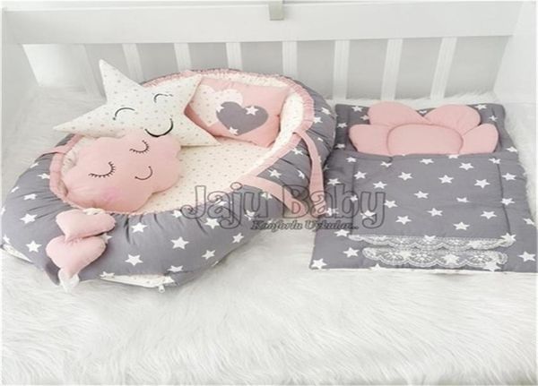 Jaju Baby Handmade Grey and Powder Star Orthopädisches Luxusnest 5-teiliges Set Kinderbettbettwäsche Mutterseitiges tragbares Bett 2110258706846