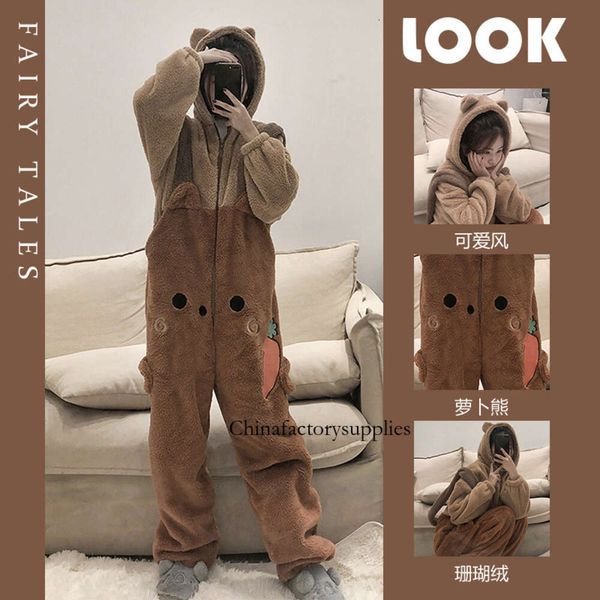 Cartoon Fleece Pama Flanell Anime Erwachsene Tier Pamas Set Frauen Männer Warme Winter Bär Nachtwäsche Cosplay