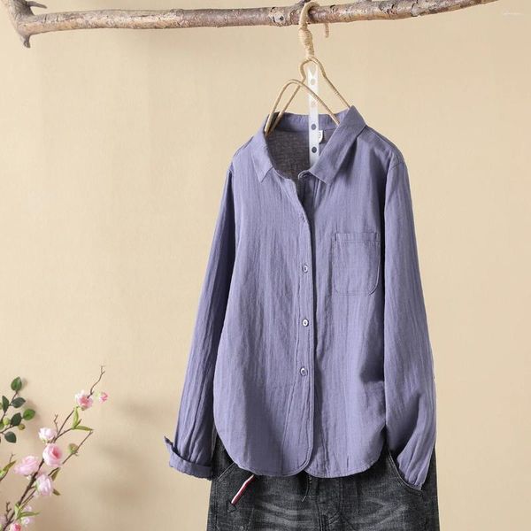 Blusas femininas fio de algodão roxo mori menina estilo japonês breve manga longa sólida camisas de apoio alto topo roupas de outono