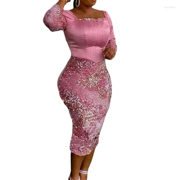 Roupas étnicas outono elegante vestidos africanos para mulheres manga longa rosa lantejoulas poliéster bodycon festa vestido de noite