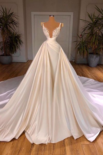 Moderno Branco Marfim Vestidos de Noiva de Cetim Sheer Jewel Neck Sem Mangas Uma Linha Apliques Beads Vestidos de Noiva Formal Robes de mariage BC18367