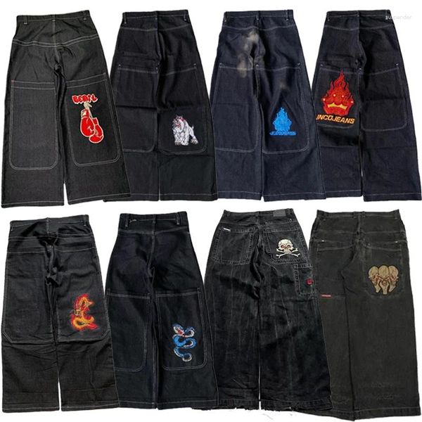 Herren Jeans Y2K Hip Hop Baggy JNCO Hochwertige bestickte Tribal Gothic Streetwear Harajuku Schwarze Hose Taille Breite Beinhose