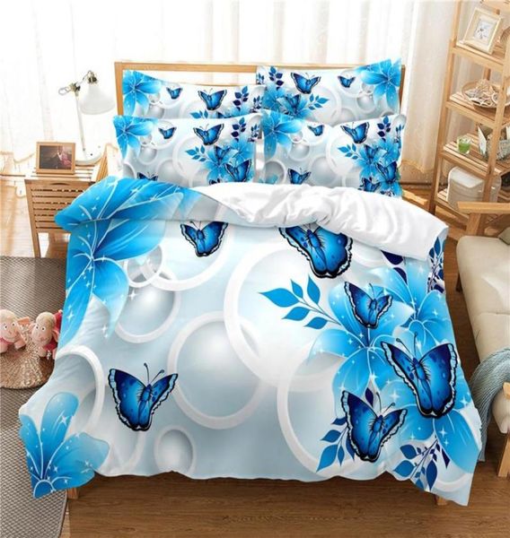 Conjuntos de cama Moda 3D Azul Borboleta Conjunto Colorfyl Duveta Capa Fronha Soft Consolador King Size Bed Linen8909572