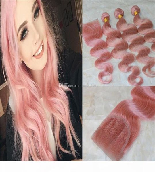Fasci di capelli umani vergini brasiliani dell'onda del corpo con chiusura in pizzo Colore rosa baby Estensioni del tessuto dei capelli Remy non trattati Oro rosa T7427956