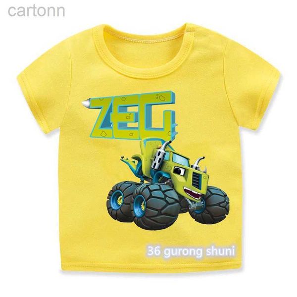 T-Shirts Neues Sommer-T-Shirt für Kinder, lustiges, cooles T-Shirt mit Cartoon-Auto-Aufdruck für Jungen, süße Kinder, Sommerkleidung, gelbes Hemd, Oberteile ldd240314