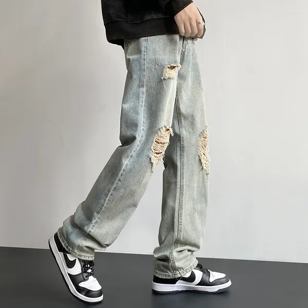 Männer Jeans High Street Male Denim Alt Gewaschen Loch Mann Hosen Ankunft Trendy Breite Bein Hip Hop Gerade Lose plus Größe