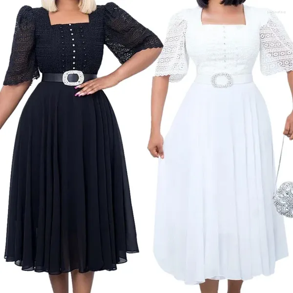 Etnik Giyim Kadınları Zarif Bir Çizgi Elbise Şifon Midi Kısa Kollu Kare Kare Yüksek Bel Mütevazı Yaz Önlükleri Şık Siyah Beyaz Cüppeler