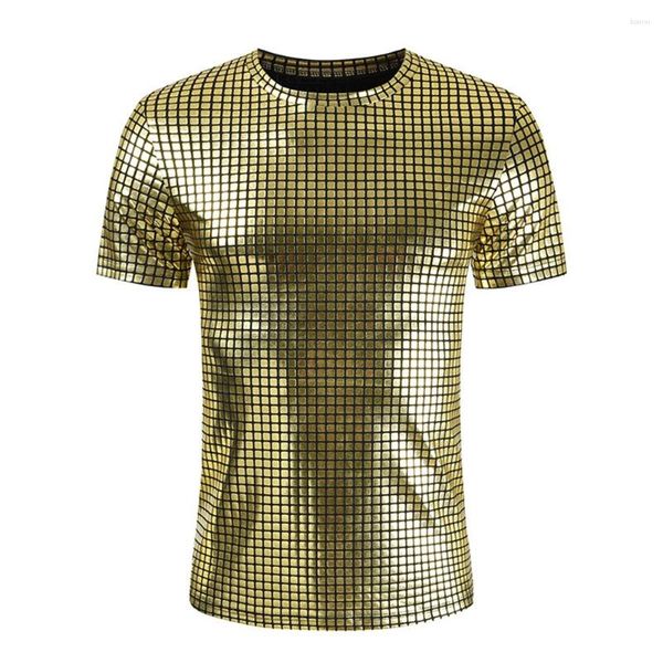 Camisas casuais masculinas moda 70s disco traje lantejoulas camisa de manga curta t-shirts o pescoço cor sólida festa clube topo t homem roupas