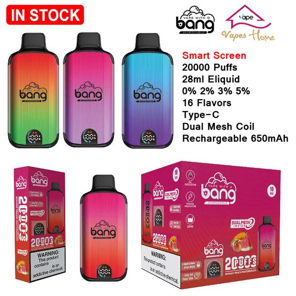 Original Bang 20000 Puffs 20K Smart Screen Dual Mesh Coil Einweg-Vapes Box Kit Puff E-Zigaretten wiederaufladbar 650 mAh Akku 0 % 2 % 3 % 5 % 16 Geschmacksrichtungen Vaper