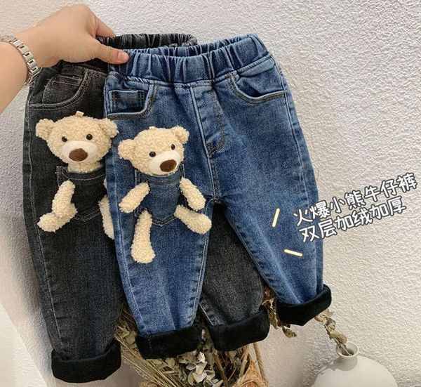 26 anni inverno ragazze ragazzi simpatico cartone animato orso jeans pantaloni bambino bambini bambini spessi pantaloni in denim in pile caldo5082397