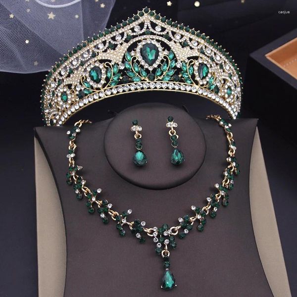 Halskette Ohrringe Set Luxus Grün Tiaras Braut Für Frauen Braut Kopfbedeckungen Hochzeit Krone Prom Ohrring Kostüm Zubehör