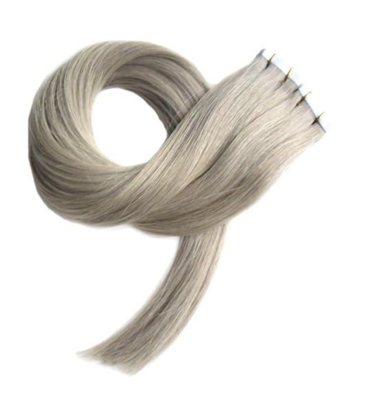 7a graue Tape-Haarverlängerungen, 40 Stück, doppelseitiges Hauteinschlagband in Echthaarverlängerungen, 100 g, gerade silbergraue Tape-Verlängerung7884601