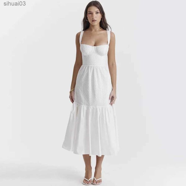 Vestidos Casuais Básicos Mingmingxi Alta Qualidade Mulheres Vestido de Verão 2023 Mistura de Linho-Algodão Jacquard Vestido Elegante Sexy Slip Branco Vestido de Férias MidiL2403