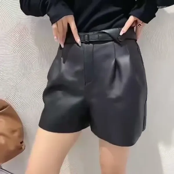 Frauen Shorts 2024 Echt Leder Hosen Dame Sexy Kurze Hosen Echtes Schaffell Mini Frühling Herbst Mit Gürtel SY3978