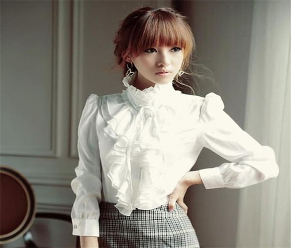 Lolita retro babados blusa feminina camisa gola alta manga longa blusas formais topo feminino vintage branco preto plus size 5xl y5074728
