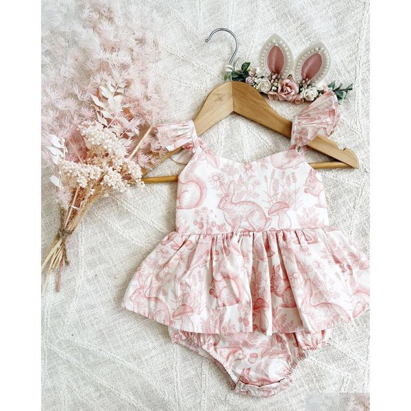 Sarsıntılar Bebek Kız Rompergirl Elbise Karikatür Tavşan Baskı Tasarım Kolsuz Fırfır Kem Tulum Yaz Kıyafet 230525 Damla Teslimat DH60V