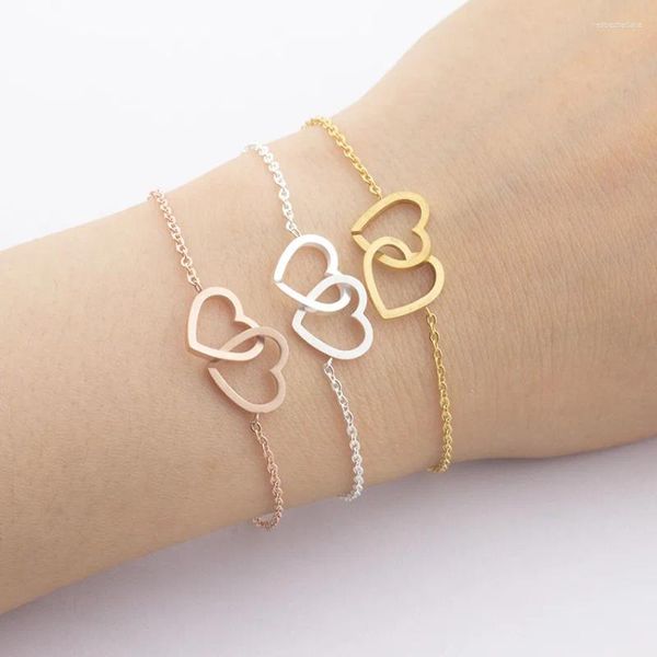 Link Armbänder Frauen Doppel Herz Charm Armband Pulsera Schmuck Edelstahl Lange Kette Armbänder Bijoux Femme Brautjungfer Geschenke