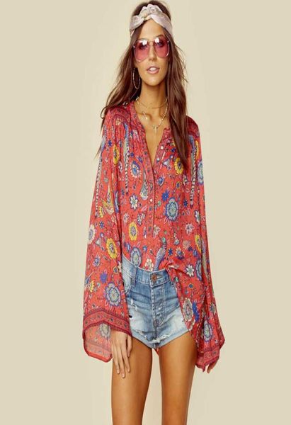 Teelynn Red Boho Blusa 2018 Primavera Pássaros Floral Impressão Blusas Vinatge Oneck Flare Manga Longa Bohemia Mulheres Blusas Hippie Top Y4001109