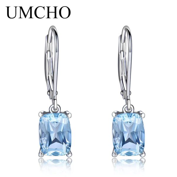 Серьги Umcho Blue Topaz Gemstone Drop для женщин твердые стерлинские сереры серьги с грубыми свадебными украшениями для нее подарки