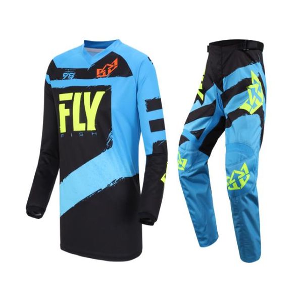 2019 fly fish racing camisa azul calça combinação conjunto mx atv bmx mtb equipamento de equitação motocross bicicleta sujeira set3912449