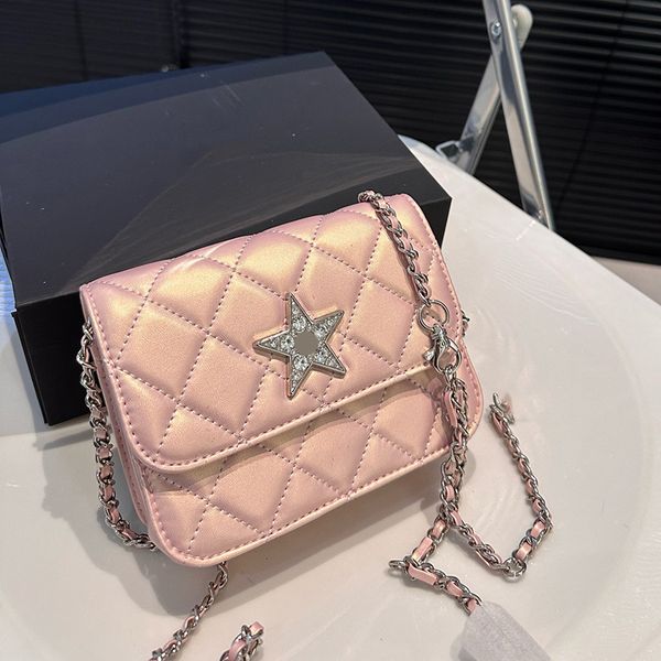 Kadınlar İnci Iridescent Shimmer Klasik Mini Vanity Bags Rhinestone Yıldız Snap Gümüş Metal Donanım Matelasse Zincir Crossbody Card Tutucu Tiny Bel Cüzdan 15.5cm