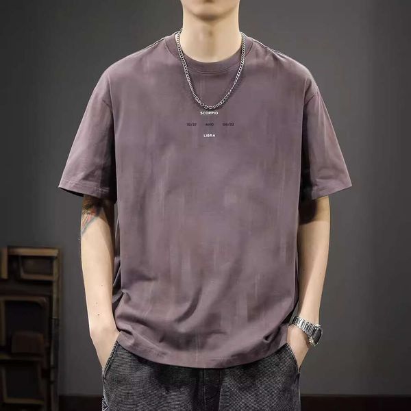 Camiseta curta estampada americana, ajuste solto masculino, tamanho grande, algodão puro de verão, gola redonda, meia manga, tendência