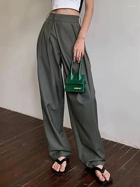 Damenhose, Retro-Stil, für Büro, Damen, Khaki, locker, klassisch, hohe Taille, Baggy, elegante Freizeit-Arbeitskleidung, modische einfarbige Hose mit weitem Bein