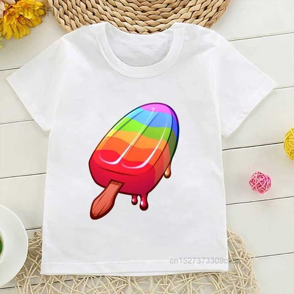 T-shirt T-shirt per bambini Simpatico arcobaleno ghiacciolo Stampa T-shirt per ragazzi Divertente ghiacciolo Bambino T-shirt per bambini Casual Ragazze Bianco Manica corta ldd240314